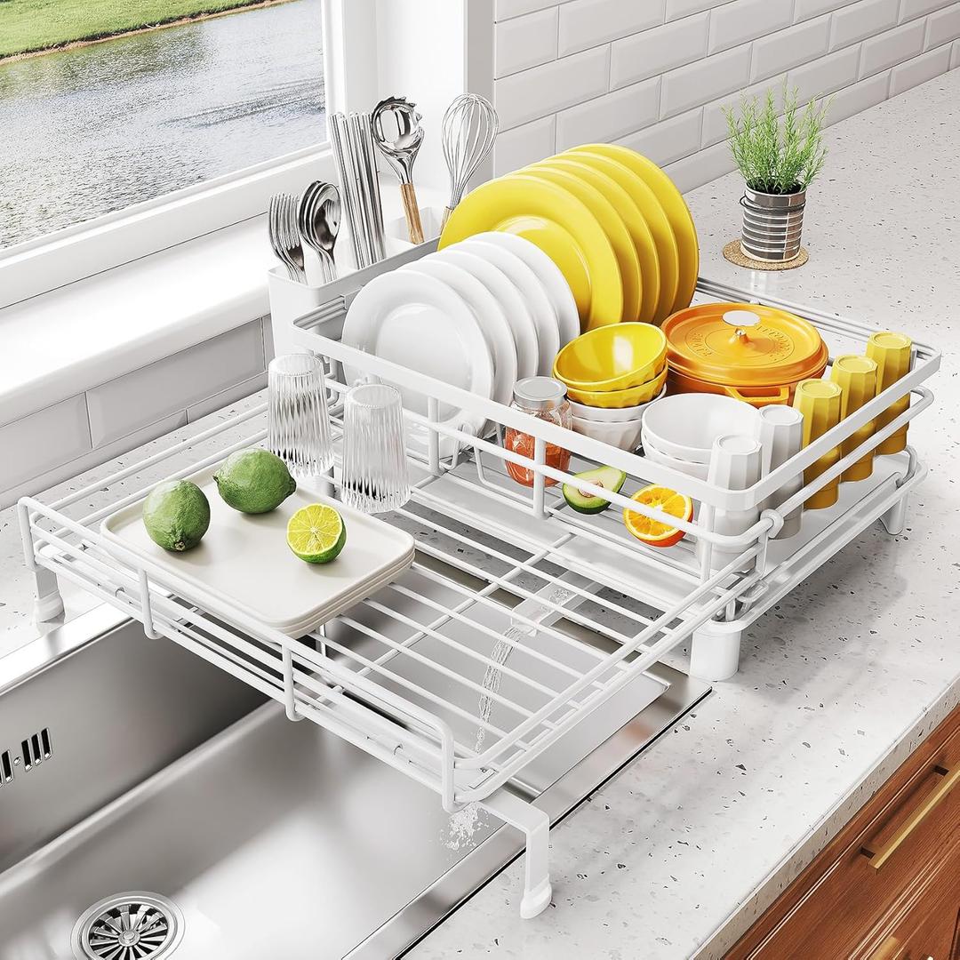 SNTD Dish Drying Rack  Extendable Dish Rack, Large Sink Drying Dish Drainer for Kitchen Counter, Stainless Steel Dish Strainer with Utensil Holder (White)