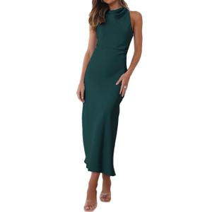 Halfisland Satin High Neck Backless Sleeveless Midi Dresses for Women Elegant Mock Neck High Waist Cross Back Cocktail Dress, size medium