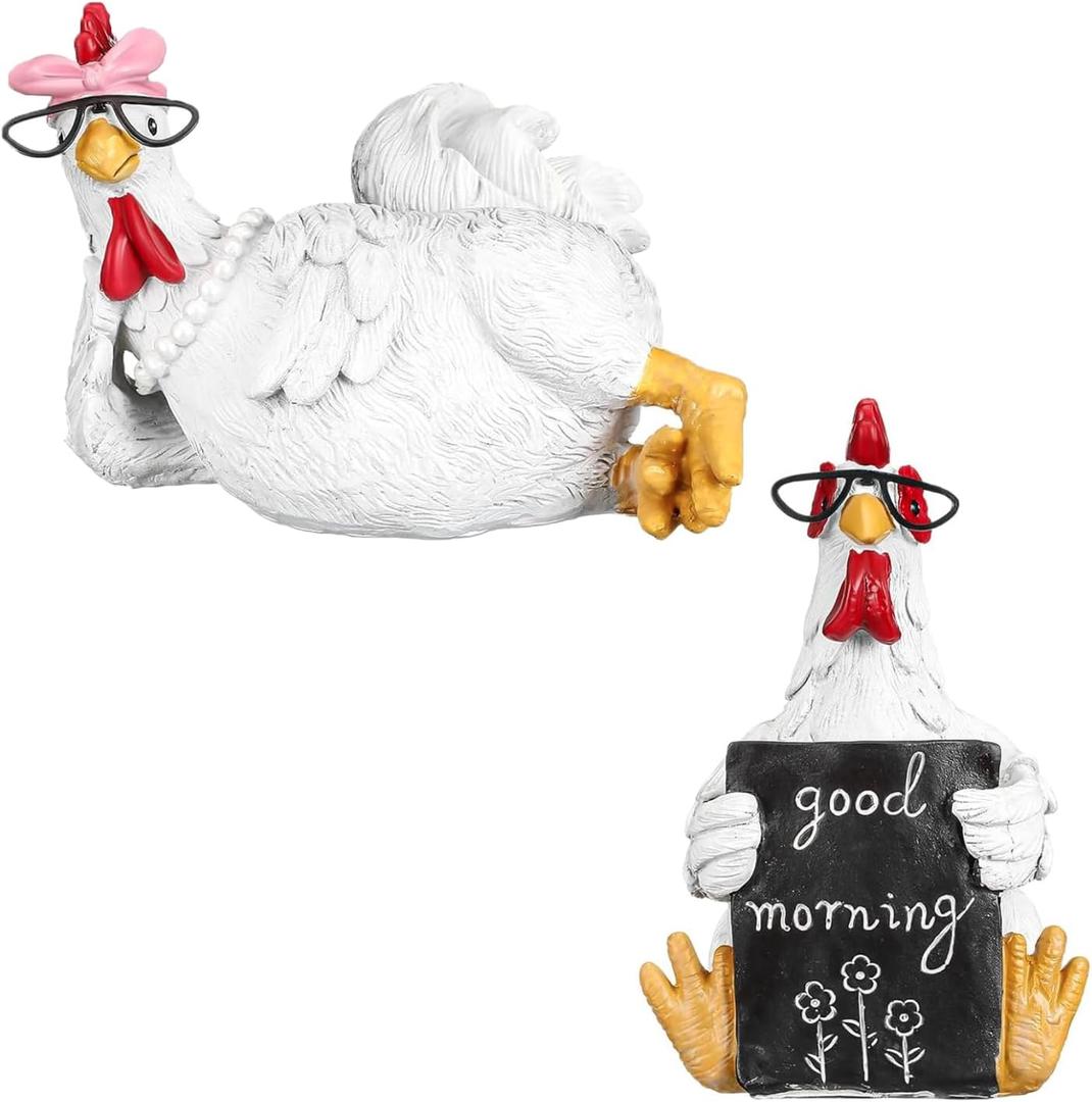 2 Pack Rooster and Chicken Decor, Rustic Farmhouse Resin Statues - Rooster Kitchen Decor, Chicken Home Decor for Tabletop, Bookshelf, Office, Festival Gift