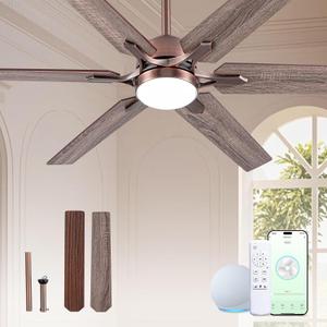 Minislak 52" Oil Rubbed Bronze Smart Ceiling Fan with Light via WiFi Alexa,6-Speeds Quiet DC Motor,Dimmable,Outdoor Antique Bronze Large Ceiling Fan for Living Room,Bedroom,Dual Finish 6 Blades