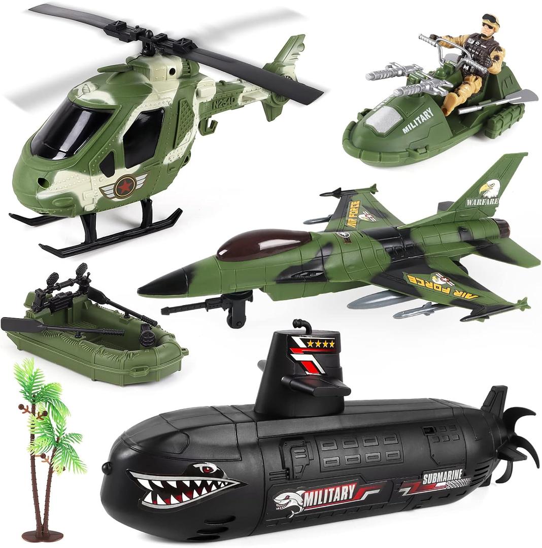 deAO Submarine Toy Army Men Action Figures with Military Vehicles - Helicopter, Boat, Aircraft Playset for Boys Age 3-9