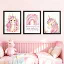 Cute Pink Unicorn Girl Quote Framed Wall Art Set of 3, Lovely Pastel Purple Rainbow Saying Sign for Baby Kid Toddlers, Cozy Watercolor Wooden Preschool Inspirational Flower Nursery Wall Decor Black