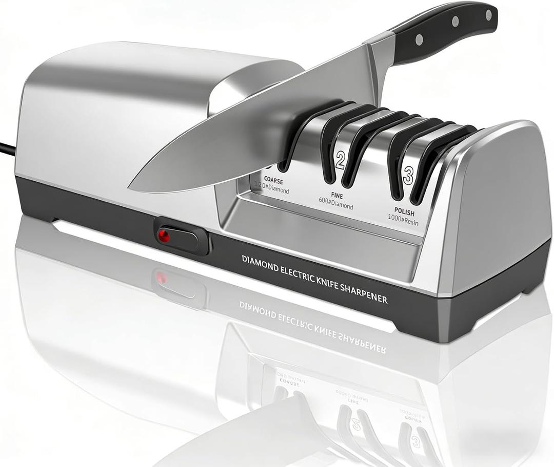 Electric Knife Sharpener 3 Stage, With 100% Diamond Abrasives and 15 Precision Angle Guides, Knife Sharpener Electric for all Kitchen Knives, Super Quiet Sharpenning and Polishing, Silver