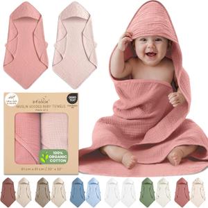 100% Organic Cotton Muslin Baby Hooded Towels 32x32 Inch  2 Pack Soft & Absorbent Baby Towels for Newborn for Boys & Girls, Premium Hooded Towels, Ultra-Gentle Baby Essentials in Rose/Peach