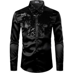 ZEROYAA Men's Shiny Sequins Design Silk Like Satin Button Up Disco Party Dress Shirts (Medium)