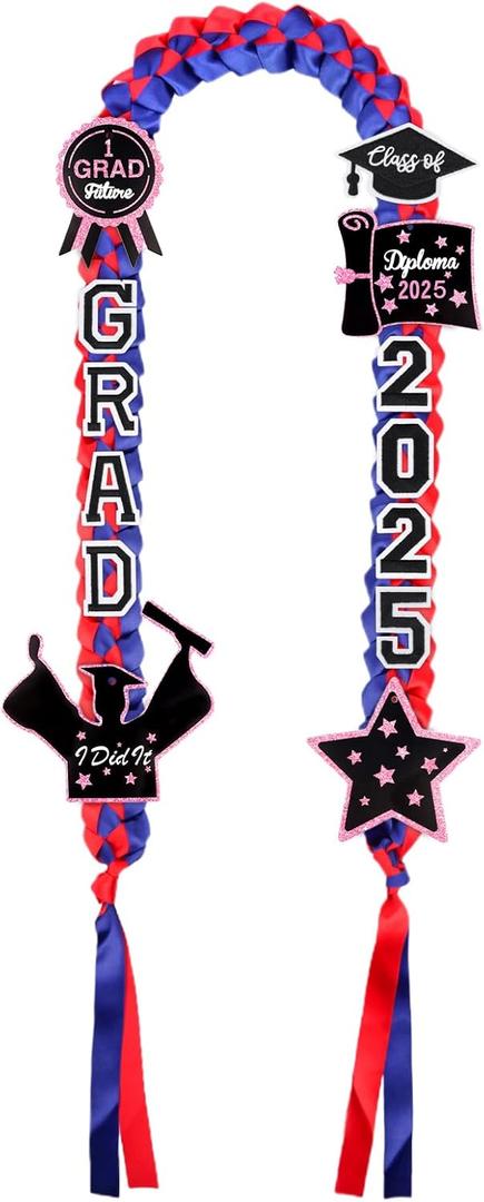 Class of 2025 Graduation Leis,Blue&Red Ribbon Lei with Dly Accessories,Graduation Gifts for Woman Man Graduate