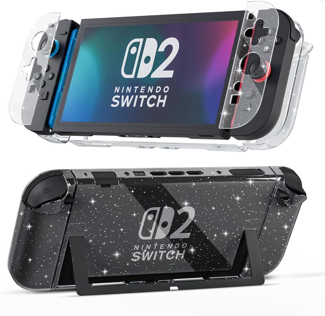 [Improved Version] GLDRAM Case for Nintendo Switch 2 (2025), Dockable Hard Shell PC Protective Cover with Split Design, Anti-Scratch Switch 2 Skin Accessories Protector - Clear Glitter