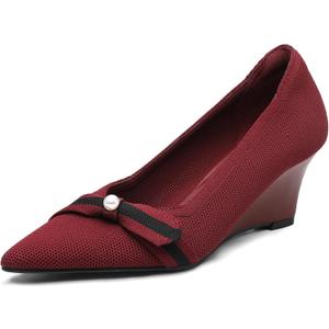 NEWBELLA Women's Bow Wedge Heels - Simple Knit Slip-On Pumps Pointed Toe, Comfortable Office Work Shoes with Block Heel