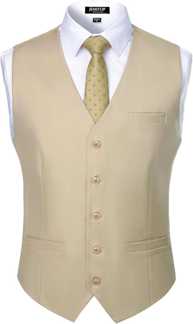 JEMITOP Men's Classic Slim Fit Dress Vest Formal Wedding Prom Tuxedo Suit Vest with Pocket (Large, Beige)