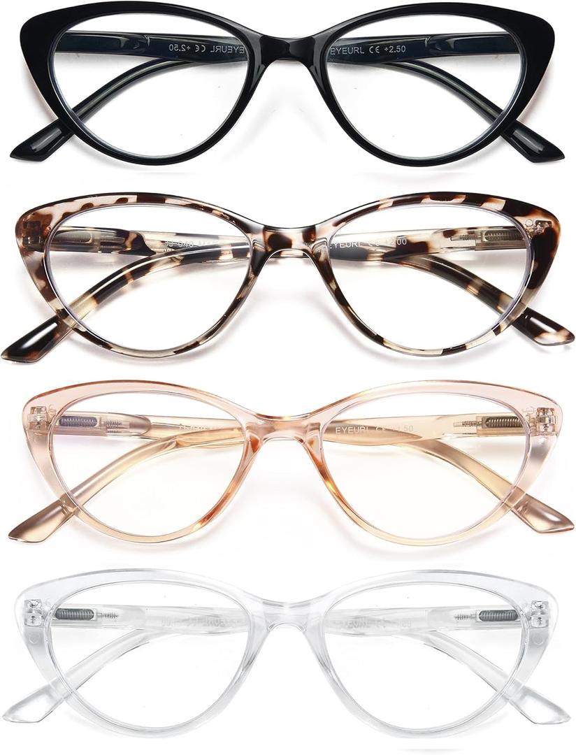 EYEURL 4-Pack Cat Eye Reading Glasses for Women- Blue Light Blocking Readers with Spring Hinges, Anti-Glare Reading Glasses, 0.75