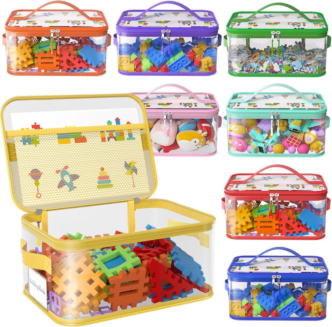 8 Packs Large Toy Storage Bags with Labels, Reusable Clear PVC Board Game Storage, Travel Waterproof Toy Organizer Bags with Name Tag and Manual Pocket for Building Blocks, Puzzle, Kids Books (Color)