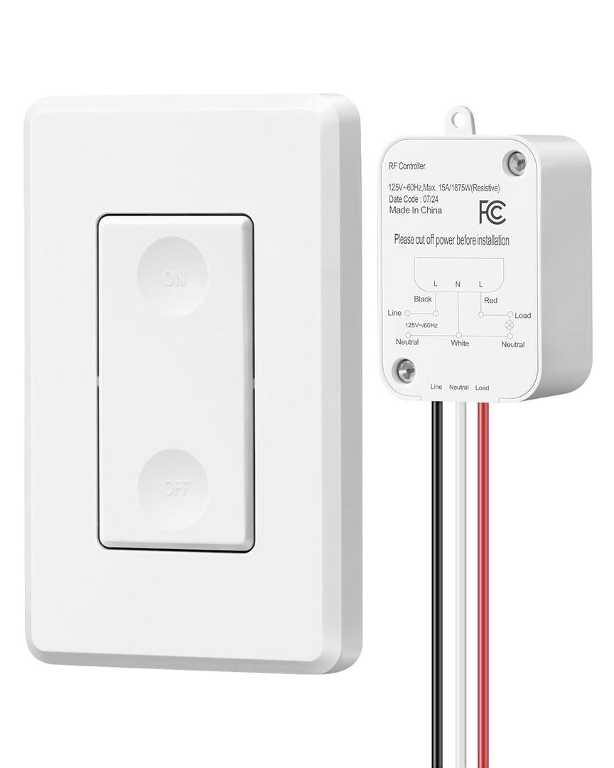 DEWENWILS Wireless Light Switch and Receiver Kit - No Wiring, 15A High Power, No Wiring, 100FT RF Range, 3 Way Remote Control Wall Switch for Lamps, Ceiling Lights, Fans, 1 Transmitter+1 Receiver