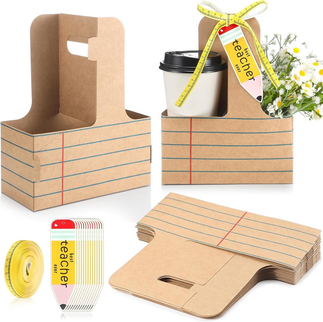 Reallnaive 24 Set Teacher Appreciation Gifts 2 Cup Drink Carrier with Greeting Card Ribbon Disposable Cup Holders with Handle for Back to School End of Year Party Favors (Brown,Stripe)