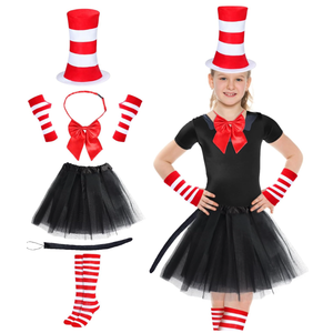 Kyson Cat Costume for Kids Tulle Tutu Skirt Red And White Striped Gloves Bowtie Long Tail For Halloween 100th Days of School