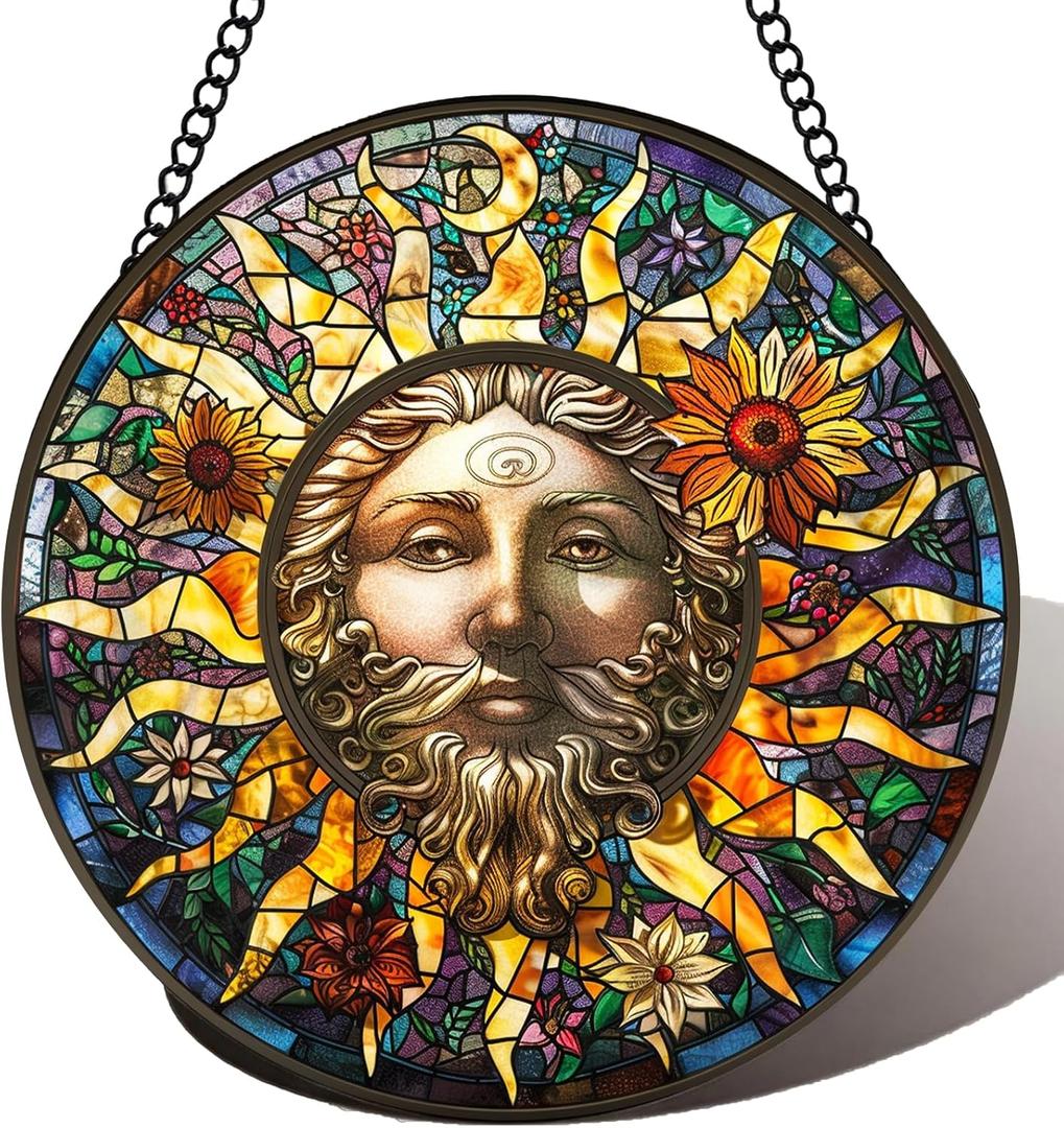 Stained Glass Window Hanging Moon Suncatcher 8 Inch, Indoor Outdoor Wall Art Home Decor, Sun Catchers, Birthday Holiday Gift for Women Men