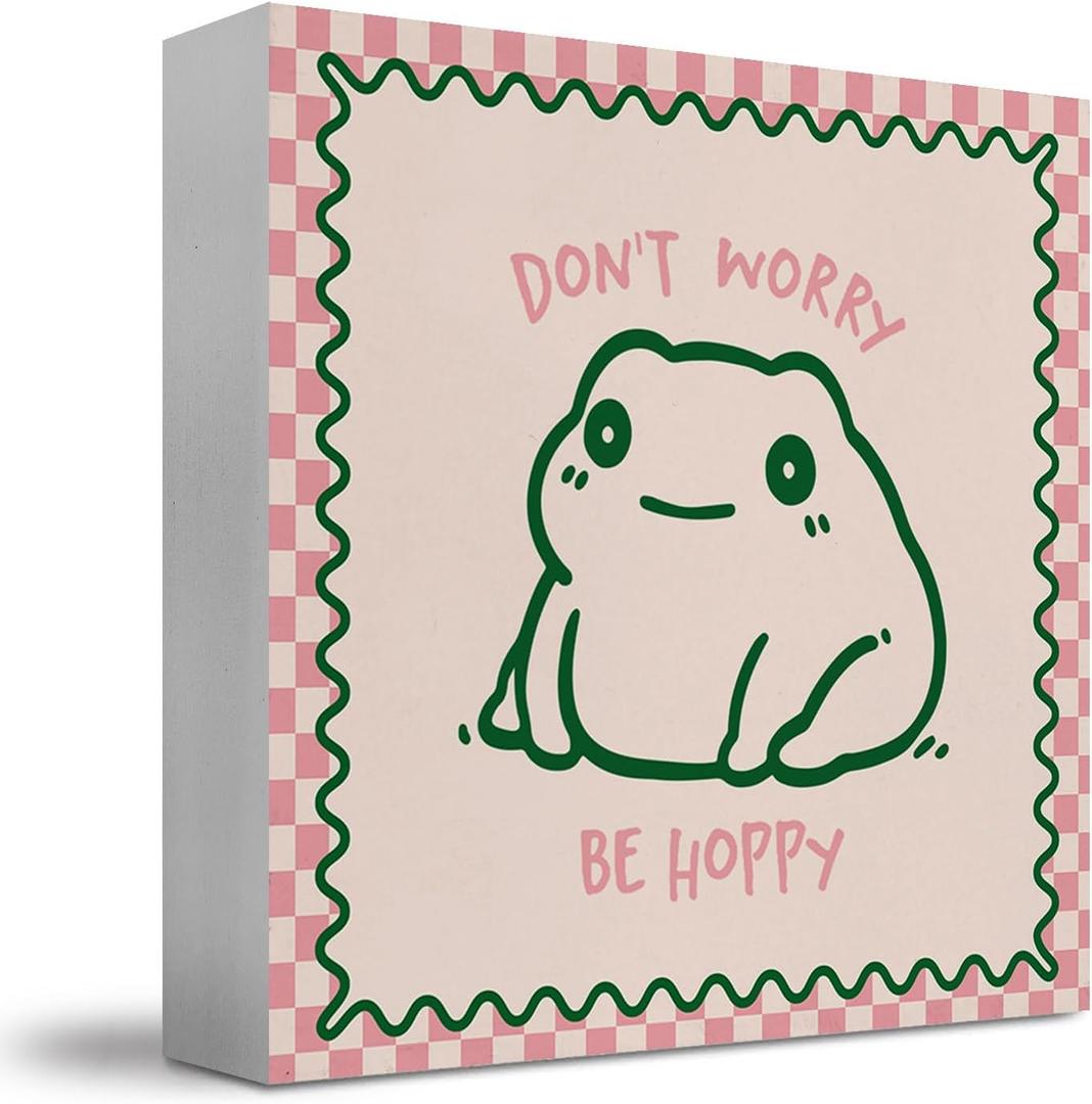 Frog Decor, Don't Worry Be Hoppy Pink Checkered Wooden Box Sign, Cute Frog Wood Block Sign for Home Office Desk Shelf Tabletop, 5x5 Inch