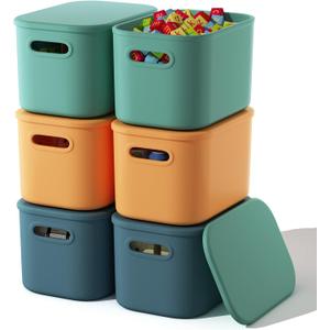 ORGIDOL 6 Pack Colorful Storage Bins with Lids Stackable Storage Container for Organizing, Storage Boxes with Handle for Shelves, Cute Storage Bin for Craft, Snacks, 9.85x6.9x5.7 inch
