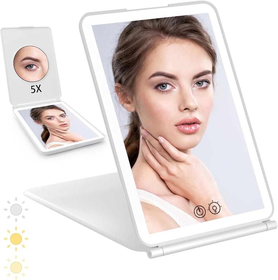Travel Makeup Mirror with Light, Rechargeable LED Mirror with 5X Magnifying Mirror, Vanity Mirror with 3 Color Lighting and Touch Screen Dimming, Portable Light Up Mirror, Travel Essential for Women