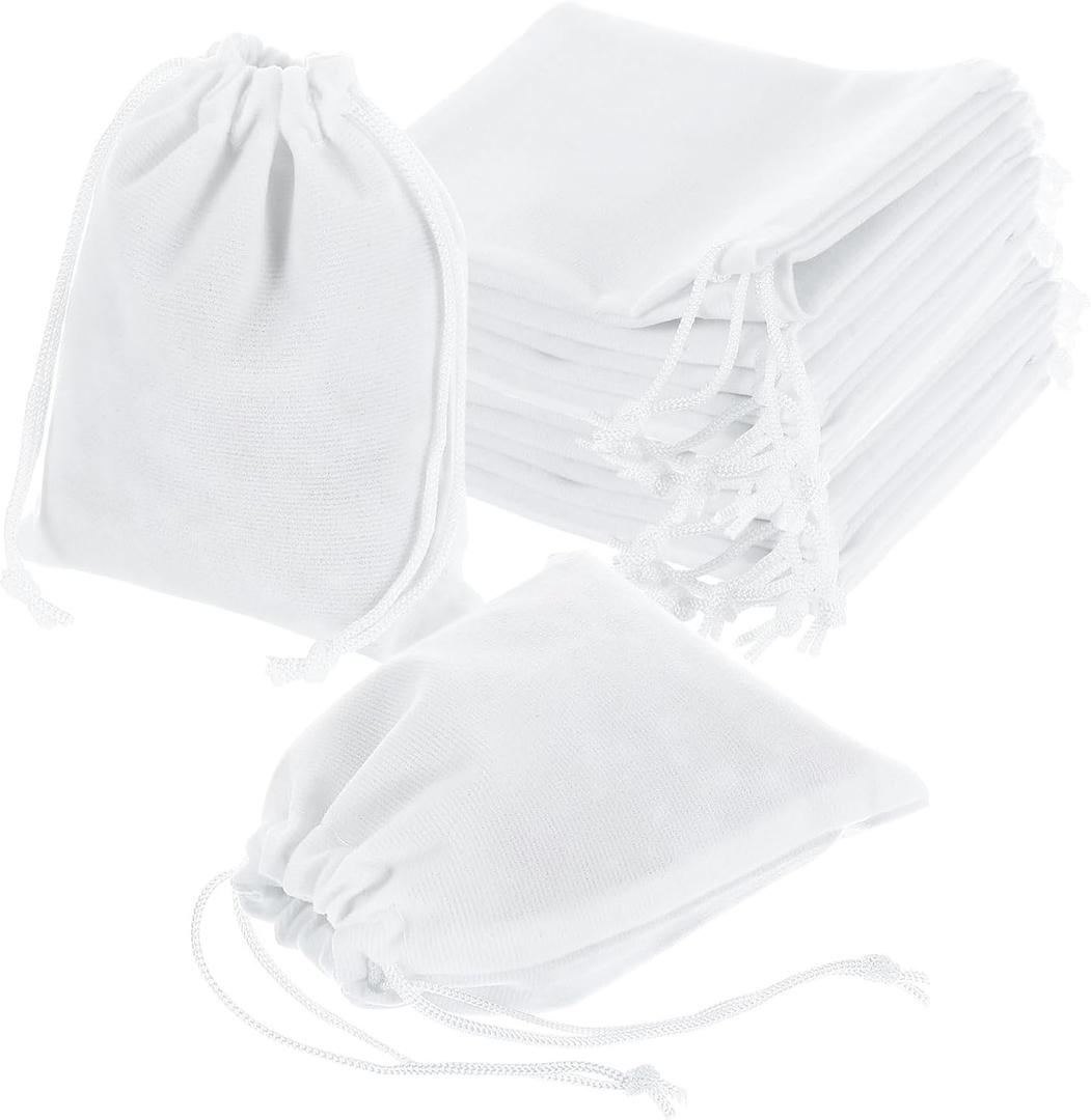 uxcell 20 Pcs Velvet Drawstring Bag, 4 x 5 Inch Jewelry Velvet Pouches Gift Bags for Wedding Party Favor Candy Jewelry Packaging Organizing Storage, White