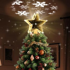 Keten Christmas Tree Topper Lighted, Tunnel Mirror Design Golden Light Star Topper Decorations with 3D Rotating Pattern Projector for Indoor Outdoor Xmas Party Holiday