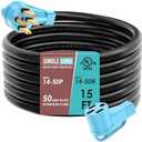 CircleCord UL Listed 50 Amp 15 Feet RV/EV Extension Cord, Heavy Duty 6/3+8/1 Gauge STW Wire, NEMA 14-50P/R Suit for Tesla Model 3/S/X/Y EV Charging and RV Trailer Campers