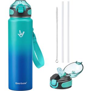 Enerbone 32 oz Insulated Water Bottle, Stainless Steel Bottle with Carrying Strap, Double-Wall Vacuum Insulation Design, Leakproof Sports Bottle with Straw, Keep Drinks Cold or Hot for Hours (Glacier)