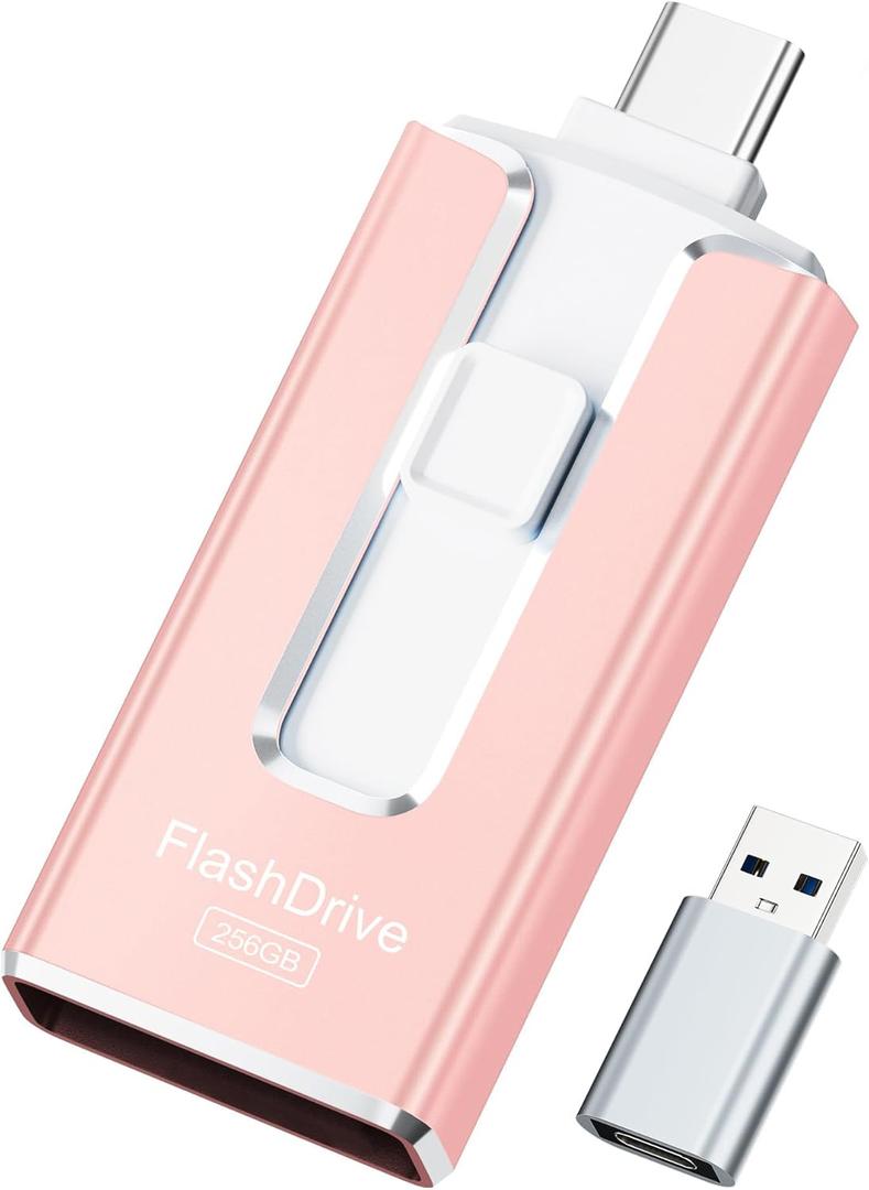 MFi Certified 256GB Flash Drive for iPhone, 3 in 1 Type-C USB Memory Stick Thumb Drive for Photos Videos (Pink)