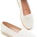 BABUDOG Women's Flats with Flower Embroidery,White Lace Ballet Flats, Comfortable Dress Flats (9.5, Nude)