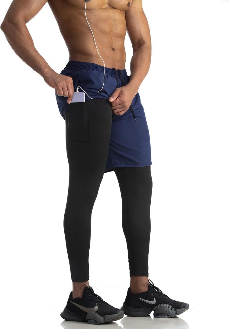 2 in 1 Running Pants with Towel Loop - Men's Athletic Compression Gym Pants (Blue) M