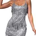 Kaei&Shi Sequin Mini Dress, Sparkly Fringe Cocktail Party Dresses for Women, Homecoming Disco Dance Outfits Silver Grey X-Large