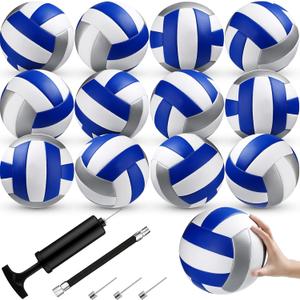 Wettarn 12 Pcs Official Size 5 Volleyballs Bulk Soft Recreational Volleyballs with Pump Regulation Size for Beginner Indoor Outdoor Beach Gym Pool Sand Sport (White, Blue, Silver)
