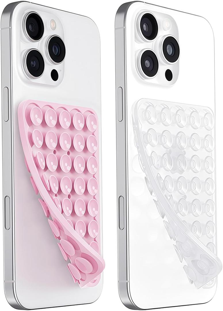 3 x JingJinYY 2 Pack Double Sided Silicone Suction Cup Phone Case Mount, Hands-Free Strong Grip Silicon Phone Holder for Selfies and Videos, Non Slip Phone Accessories (LightPink&Translucent)