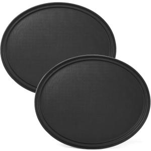 CURTA 2-Pack Restaurant Grade Non-Slip Tray, NSF, Oval 19-Inch x 23-Inch, Plastic Rubber Lined Round Serving Tray, Black (23" x 19" x 1", Black-Oval)