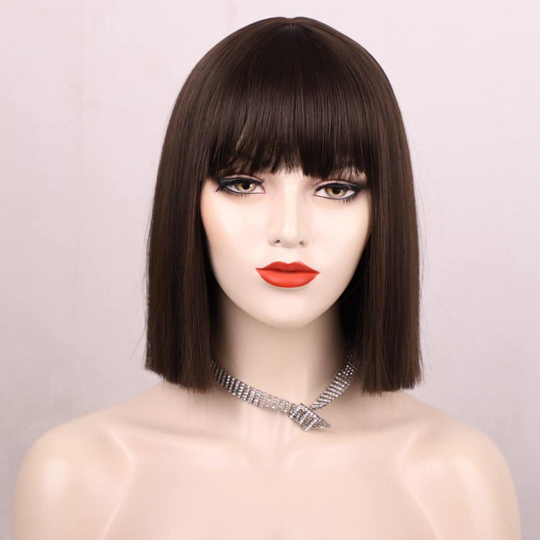 ENTRANCED STYLES Brown Wigs for Women Short Bob Wig with Bangs Straight Brunette Cosplay Wig Heat Resistant Synthetic Wig for Daily Party Use 12 Inches