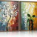 2 Piece Framed Canvas Art Prints Morning Glory Modern Abstract White Flowers Oil Painting Style Wall Floral Gallery Poster for Living Room Bedroom Office Decor Ready to Hang 24 x 16 Inch