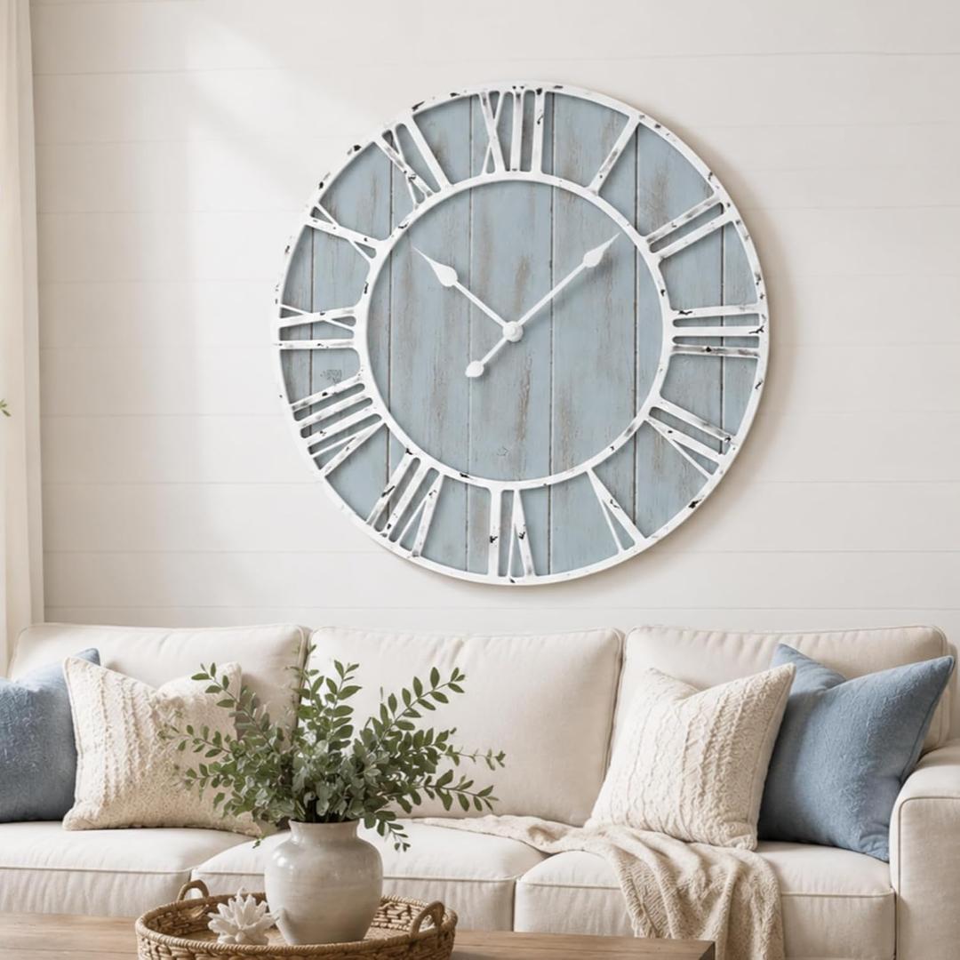 Quelay 30 Inch Coastal Wall Clock, Blue Farmhouse Vintage Wooden Clock with Roman Numerals, Quiet Ticking Battery Operated, Rustic Retro Decorative for Living Room Kitchen Office Home Decor