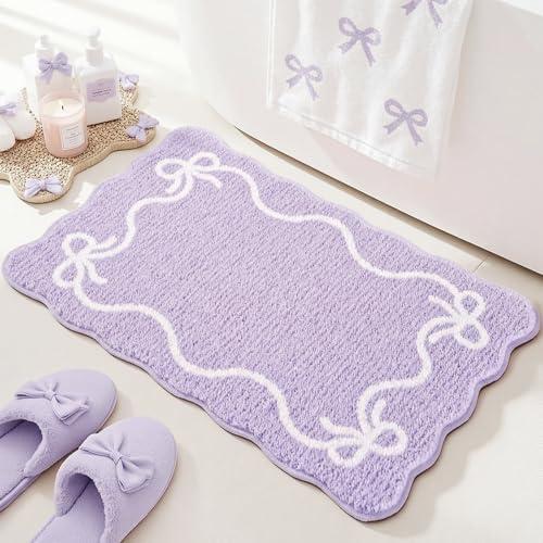 Mocsicka Purple Bow Bath Mat Cute Bow Bathroom Rug Super Soft Absorbent Bathroom Rugs Non Slip Bath Mat Machine Washable Rug for Bathrooms 20x32 inches