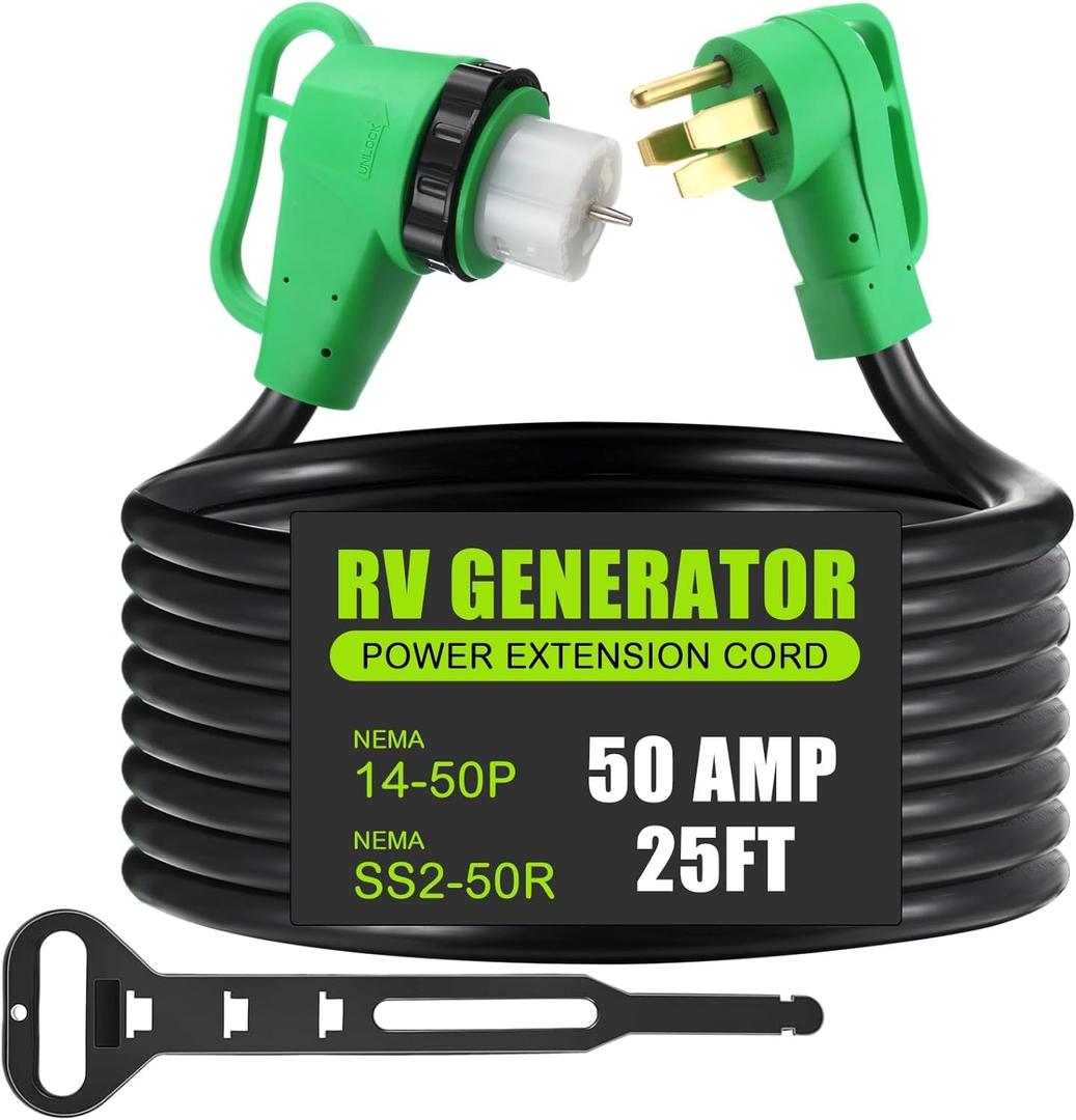 Kanayu 25 FT 50 Amp NEMA 14-50P to SS2-50R RV Generator Cord Extension Cord with 90 Degree Locking Grip Handle, RV Power Cable with Locking Connector, Heavy Duty STW Wire with Organizer