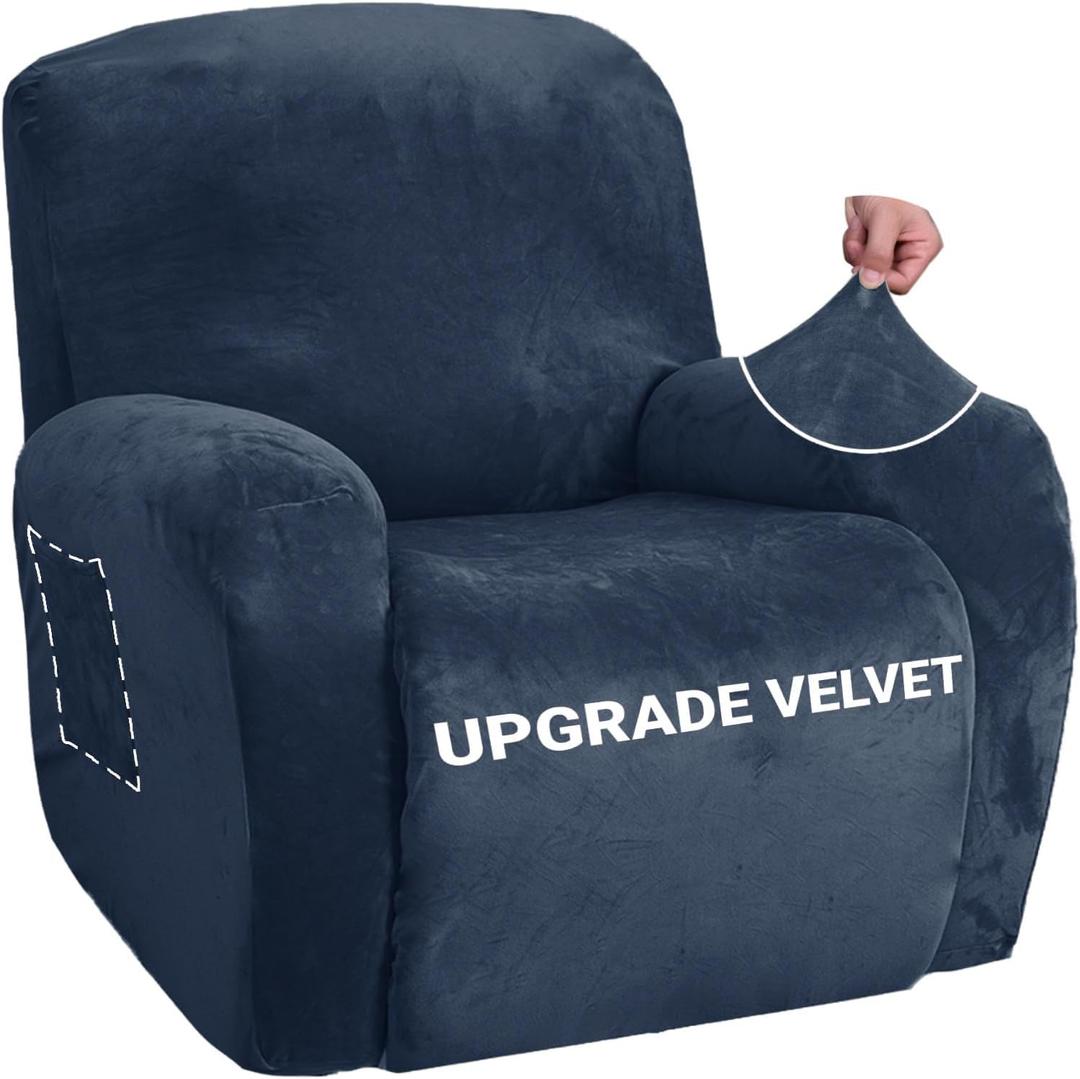ZNSAYOTX Stretch Velvet Recliner Cover 4-Pieces, Thick Soft Recliner Chair Slipcover with Pocket, Non-Slip Elastic Bottom for Kids Pets, Luxury Plush Reclining Protector Comfy Washable (Navy Blue) (Large)