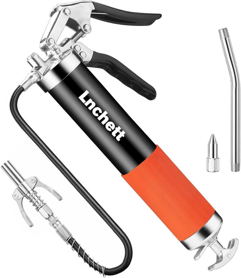 Lnchett Grease Gun with Quick Release Coupler, 9000 PSI Professional Heavy Duty 14 oz Pistol Grip Grease Gun with 18 Inch Spring Flex Hose, 1 Extension Rigid Pipe and1 Sharp Nozzle Included