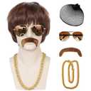 JoneTing Mens Disco Wig+1 Chain+1 Mustache+1 Glasses +1 Hair Cap Mens 70s 80s Disco Wig Short Dark Brown Disc Party Wigs for Men Short Brown Wavy Wigs 70s 80s Costume Hair