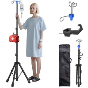 Foldable IV Pole Stand, Portable Telescoping Floor Stand with 4 Hooks, Height Adjustable, Travel Infusion Pole for Home Care, Hospitals, Nursing Homes and When Traveling