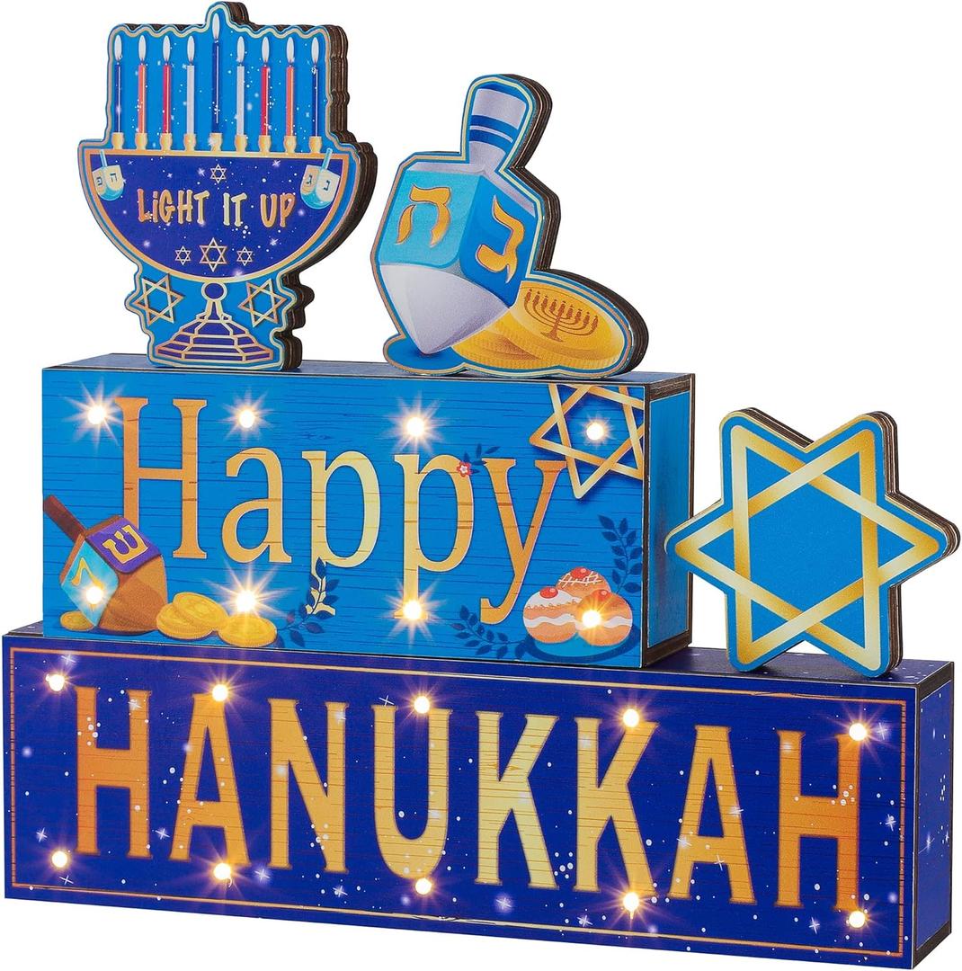 ANVAVO 5 Pieces Hanukkah Wooden Signs Happy HANUKKAH LIGHT IT UP Wooden Blocks Signs with LED Lights for Hanukkah Living Room Bedroom Tabletop Decorations