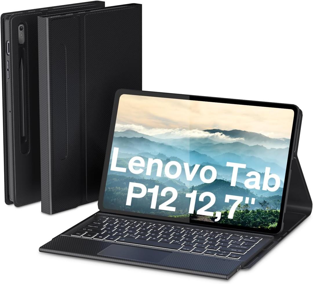 Backlit Keyboard Case Touch for Lenovo Tab P12 12.7" 2024/2023 (TB370FU), Bluetooth Keyboard with Trackpad & Twill Cover Case & Adjustable Kickstand for Lenovo Tab P12