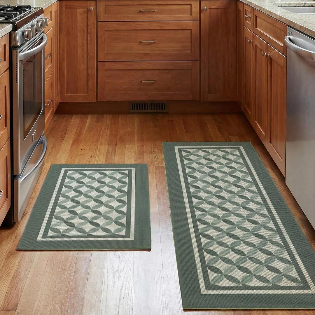 2 x Artoid Mode Green Washable Non Slip Rustic Kitchen Mats Set of 2, Absorbent Natural Rubber Back Low-Profile Kitchen Rugs for Floor - 17x29 and 17x47 Inch