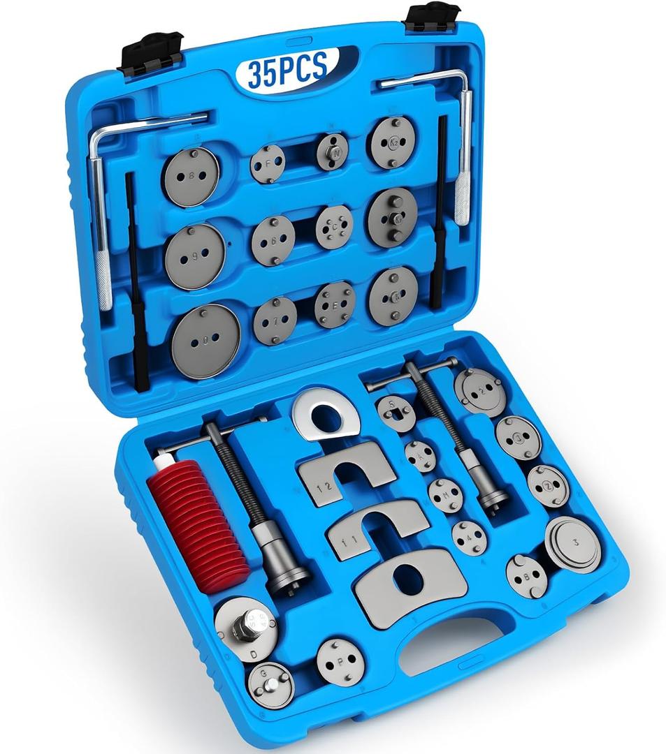 DISEN 35PCS Disc Brake Caliper Tool Kit, 24 Adapters Brake Piston Compressor & Wind Back Tool Set for Brake Pad Replacement, Heavy Duty Caliper Compression Tool Fits Most Vehicles