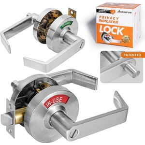 Push Button Locking Vacant Occupied Bathroom Door Handle with Indicator Sign,Commercial ADA Single Egress Privacy Lever Lock,Reversible Left Right Handle for Public Restroom,Brushed Chrome