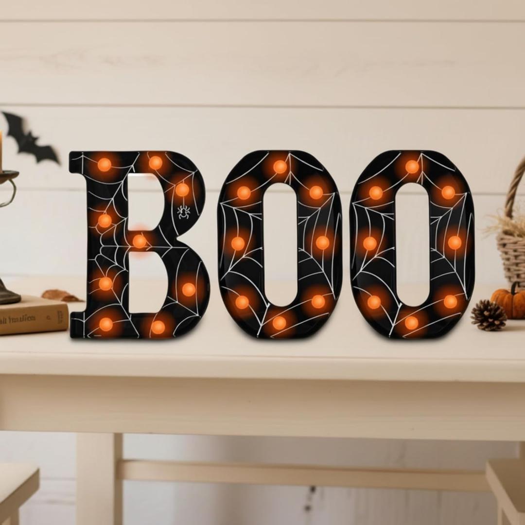 Yousoontic Boo Sign Halloween Decoration Indoor, 3 LED Marquee Light up Letters Boo Sign Decor Halloween Lights Spider Web Table Supplies Favors Gifts for Home Fireplace Bedroom Mantel Party(Orange)