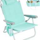 SUNNYFEEL Low Beach Chair, 5-Position Lay Flat Reclining, Backpack Portable Folding Chair with Cooler Bag & Cup Holder, Heavy Duty 350 LBS, Compact for Beach, Camping, Travel, Teal 