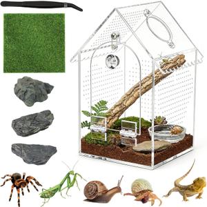 Jumping Spider Enclosure Acrylic Terrarium - 8" Tall Vertical Habitat with Lock & Ventilation, Escape-Proof Front Opening Design with Feeding Port for Spiders, Mantis, Bugs (5" L x 5" W)